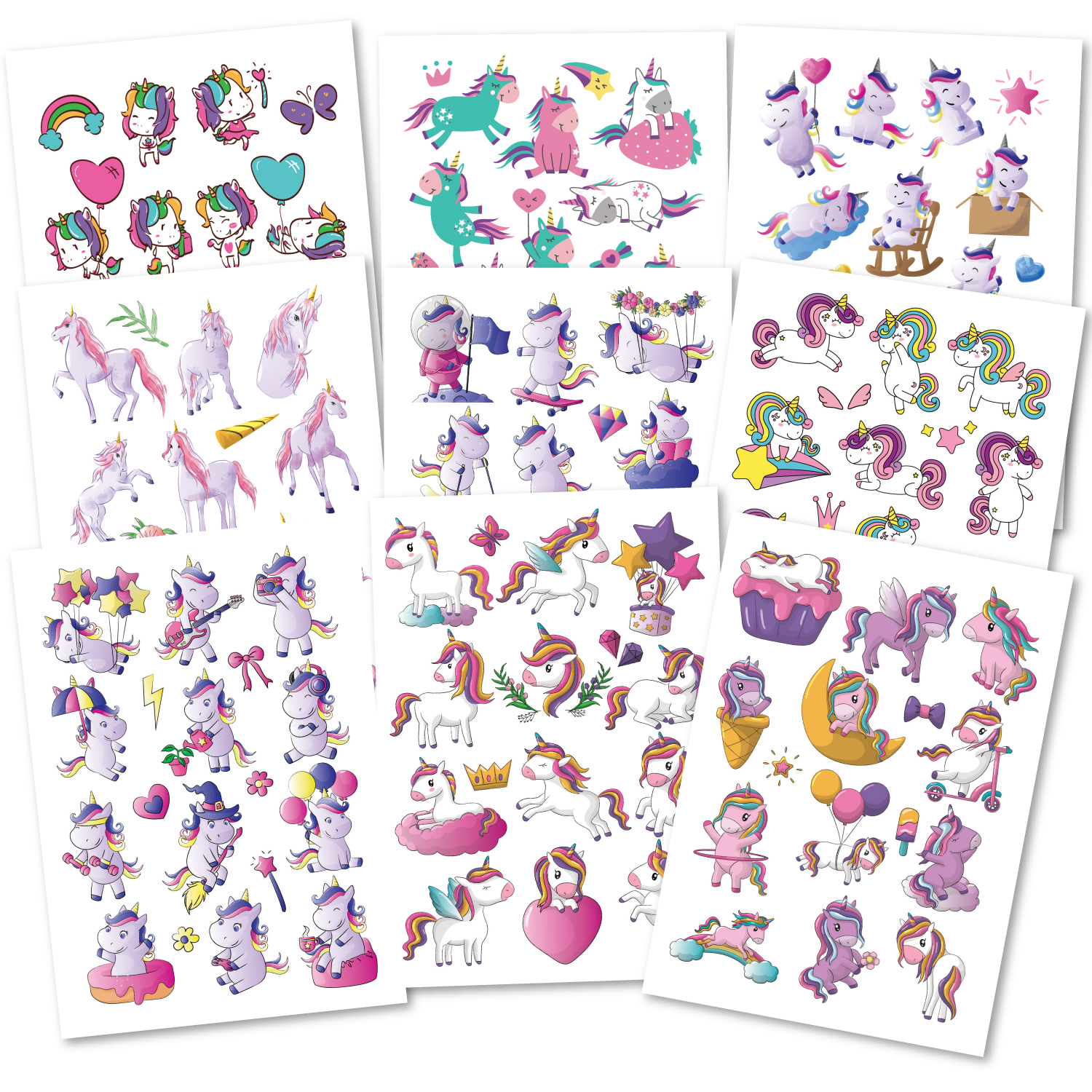 150 hautschonende Kindertattoos - Thema: Einhorn Magie - 9 Tattoobögen im A6-Format - made in Germany
