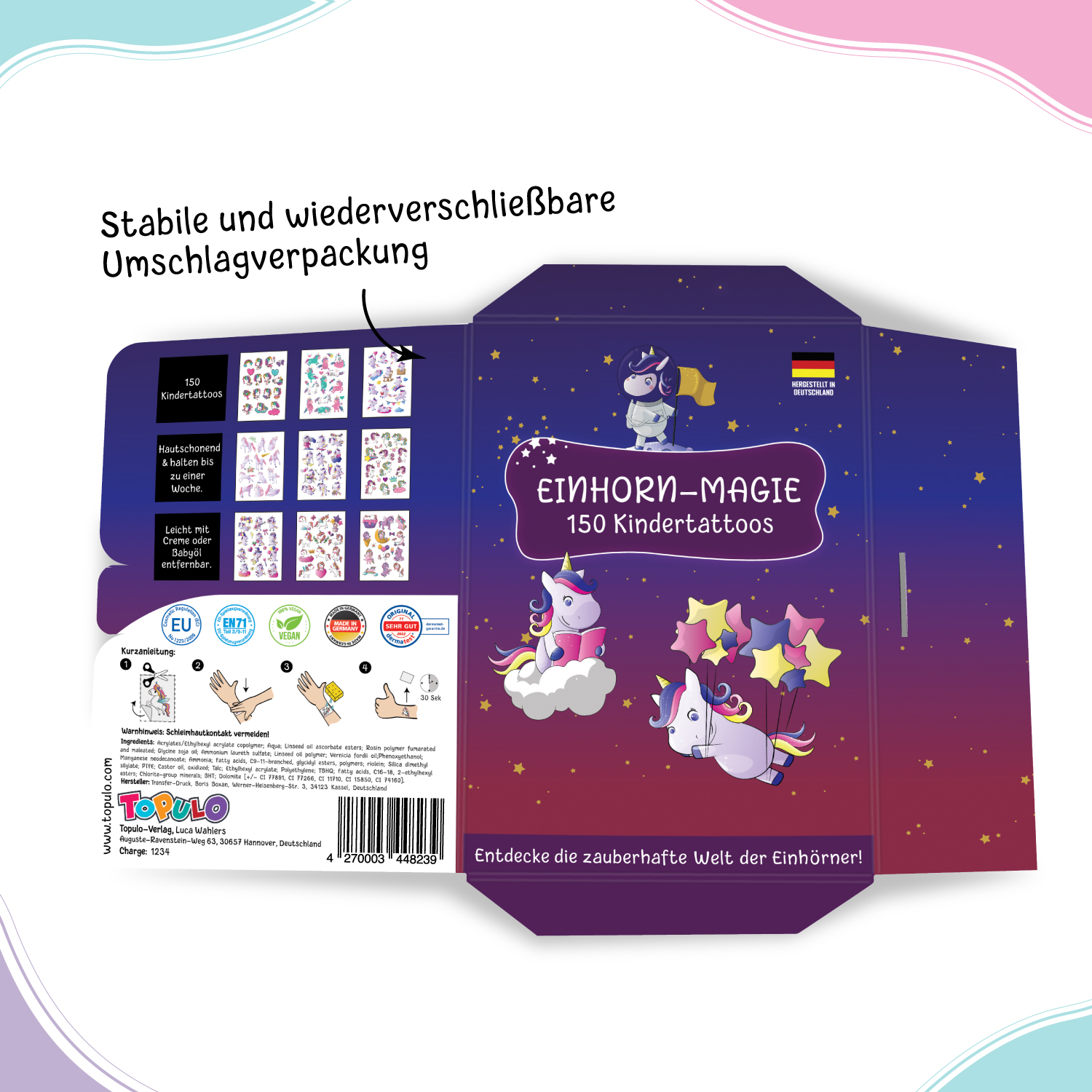 150 hautschonende Kindertattoos - Thema: Einhorn Magie - 9 Tattoobögen im A6-Format - made in Germany – Bild 3