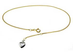 Fusskette - Panzer - 25cm - 585 Gelbgold mit Herzchen in 585 Weissgold