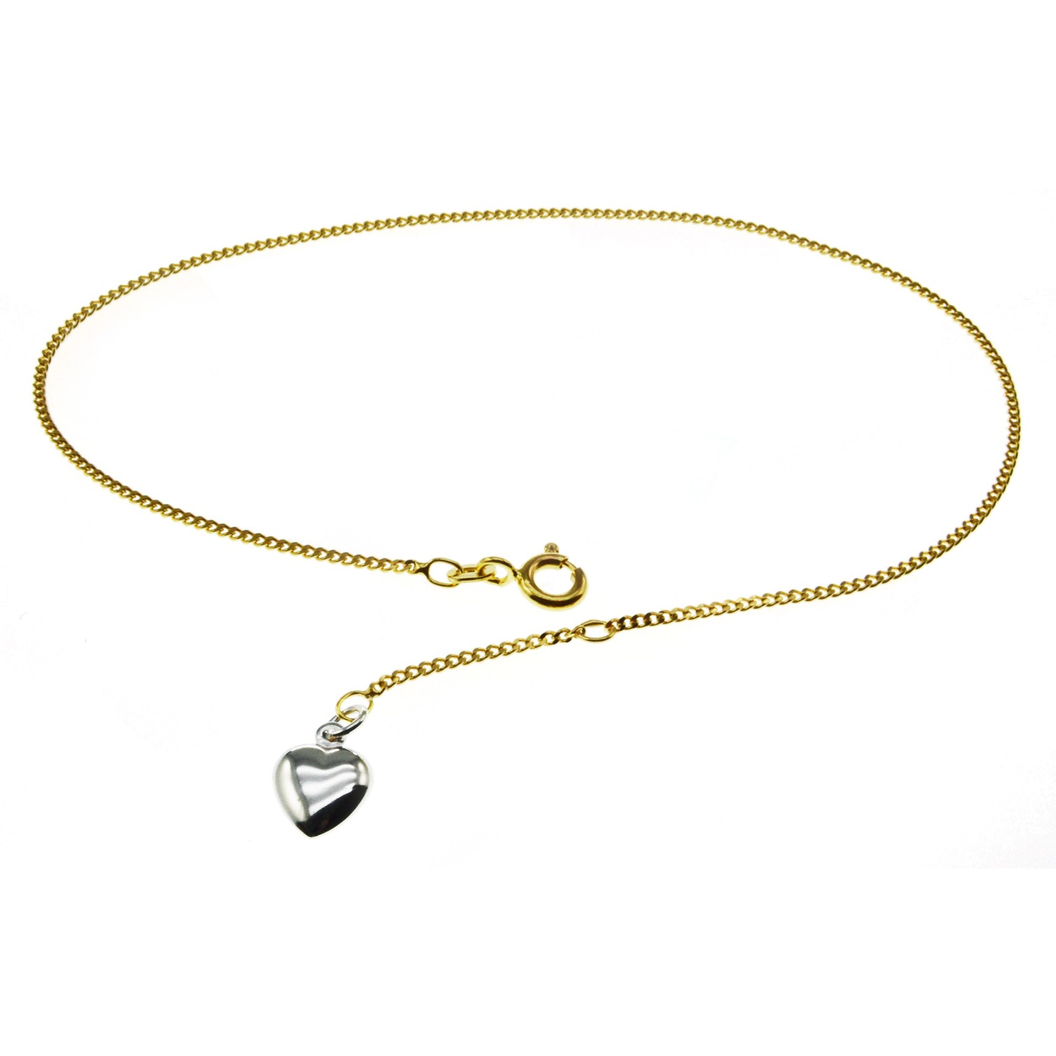Fusskette - Panzer - 25cm - 585 Gelbgold mit Herzchen in 585 Weissgold