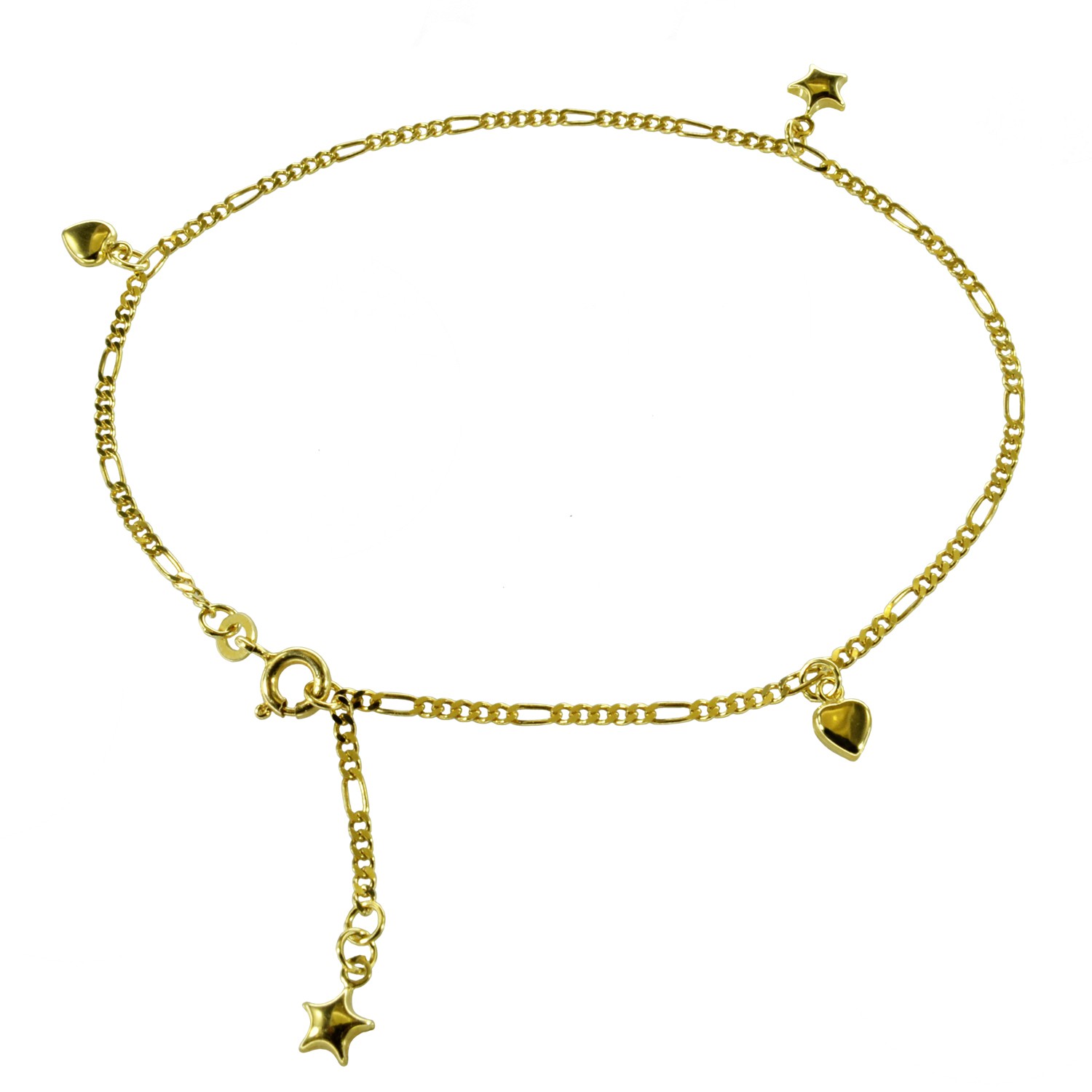 Fusskette - Figaropanzer 2x Herz- 2x Stern-Anhängern -585 Gold