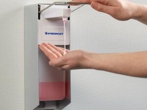 Desinfektions- u.Spender H165xB95xT290ca.mm ABS m.Hebel weiß 1l PROMAT