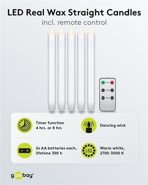 5er-Set weiße LED-Echtwachs-Stabkerzen, inkl. Fernbedienung- VPE: 1