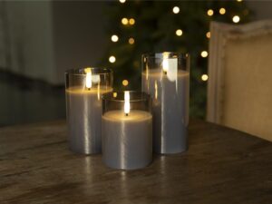 3er-Set LED-Echtwachs-Kerzen im Glas, grau-transparent- VPE: 1