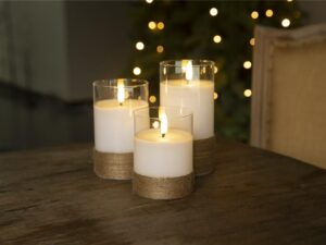 3er-Set LED-Echtwachs-Kerzen im Glas, weiß, mit Hanf umwickelt- VPE: 1