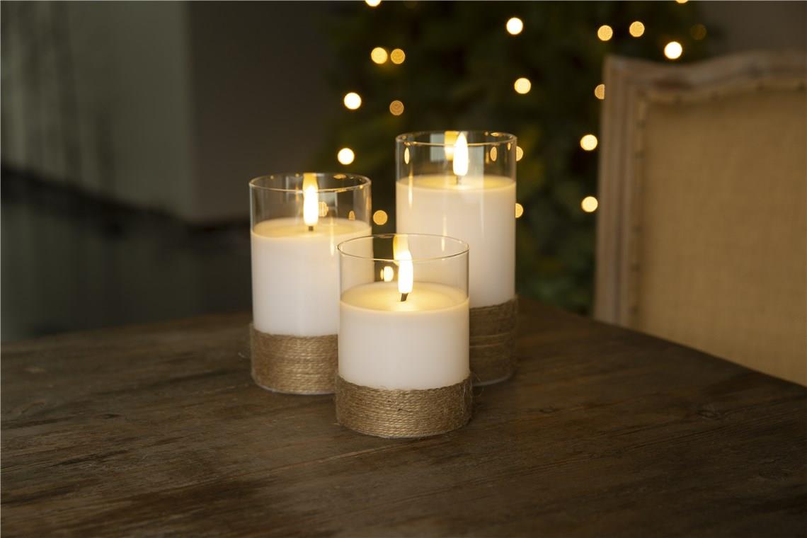 3er-Set LED-Echtwachs-Kerzen im Glas, weiß, mit Hanf umwickelt- VPE: 1