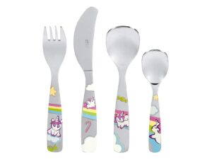 PROFINO Kinderbesteck 'Einhorn' 4-teilig 4-teilig: bestehend aus: 1 x  Gabel (L 18,3 cm), 1 x  Messer (L 17 cm), 1 x  Esslöffel (L 16,5 cm), 1 x  kleiner Löffel (L 13,3 cm)