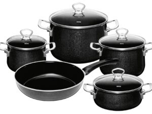 RIESS Topfset 'Black Magic' 5-teilig je 1 x Fleischtopf Ø 16,20,24 cm, 1 x Kasserolle Ø 20 cm, mit Edelstahlgriffen und 1 x Bratpfanne mit Kunststoffgriff Ø 28 cm