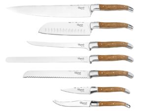 HAWS Messerset 'Laguiole' 7-teilig Chefmesser: 30,5 cm (mit Griff 44,5 cm), Fleisch- und Fischmesser: 28 cm (mit Griff 42 cm), Brotmesser: 19 cm (mit Griff 34 cm), Filetiermesser: 19 cm (mit Griff 34 cm), Santokumesser: 17 cm (mit Griff 31 cm), Universalm