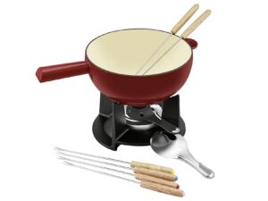 BEKA Käsefondue-Set'Belledone' 10-teilig 10-teilig | Fonduetopf | 6 farbig markierte Fonduegabeln mit Holzgriff | Spritzschutz | Rechaud | Pastenbrenner (leer)