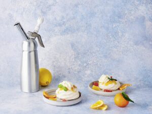 MASTRAD Sahnebereiter Mousse & Saucen 1 Sahnebereiter, 1 komplete Anleitung mit 5 Rezepten, 1 Reinigungsbürste, 3 verschiedenen Spritztüllen