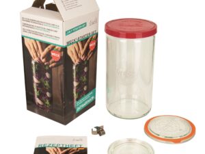 WECK Fermentier-Set Inhalt: 1x Weck Glas Stangenform 1590 ml (Nennvolumen), 1x Glasdeckel 100 mm, 1x Glasdeckel 80 mm, 1x Silikondeckel 100 mm, 1x Einkochring, 2x Einkochklammern und 1x Rezeptheft