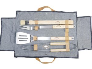 ESSCHERT DESIGN Grillbesteckset 5-teilig 1 Grillzange, 1 Grillgabel, 1 Spatel mit Flaschenöffner, 1 Grillbürste, 1 Tragetasche