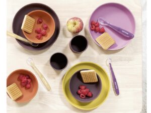 Nattou Esslerngeschirr-Set 4-teilig Schale groß, Ø 19 cm, Schale klein, Ø 13 cm, Becher, Ø 7 cm, H 7 cm, und 1 weicher Löffel