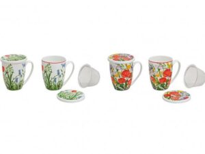 Teebecher Blume mit Deckel und Sieb 300 ml 11cm weiß/grün/rot