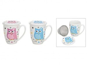 Teebecher Eule mit Deckel und Metallsieb sortiert 300 ml 10cm weiß/rosa/blau