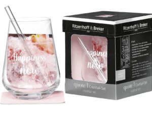 RITZENHOFF & BREKER Cocktail-Set 'quote happines' 3-teilig 1 x Weintumbler 510 ml, 1 x Trinkhalm L 15 cm, 1 x Untersetzer