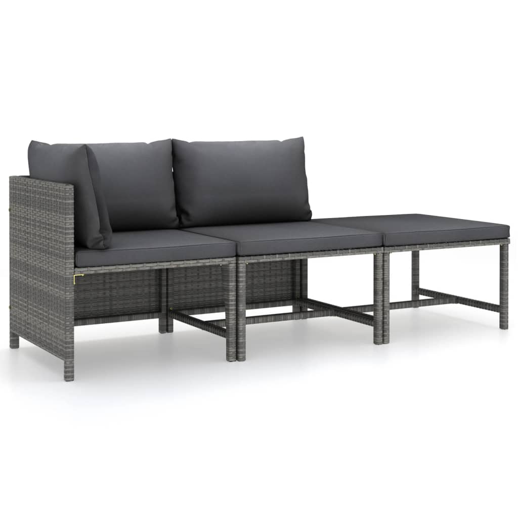 3-tlg. Garten-Lounge-Set mit Kissen Poly Rattan Grau – Bild 2