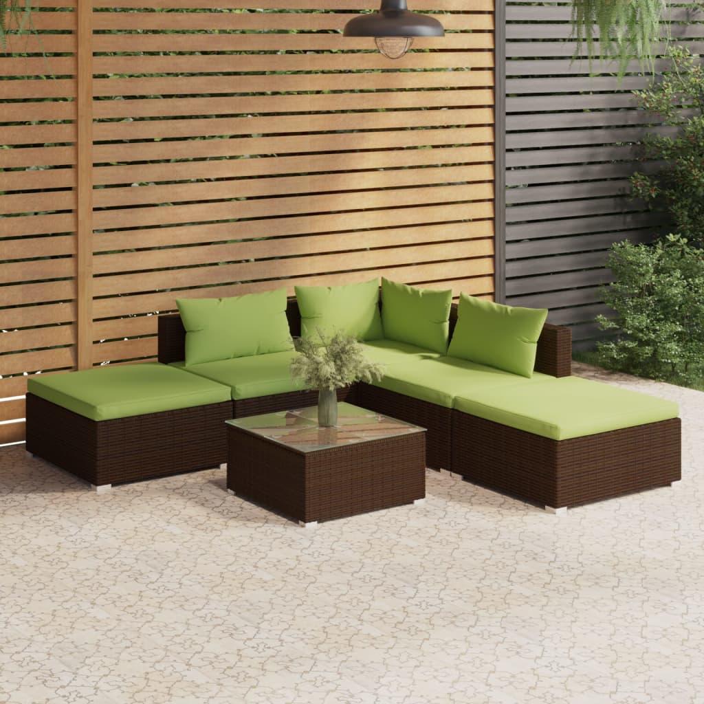 6-tlg. Garten-Lounge-Set mit Auflagen Poly Rattan Braun