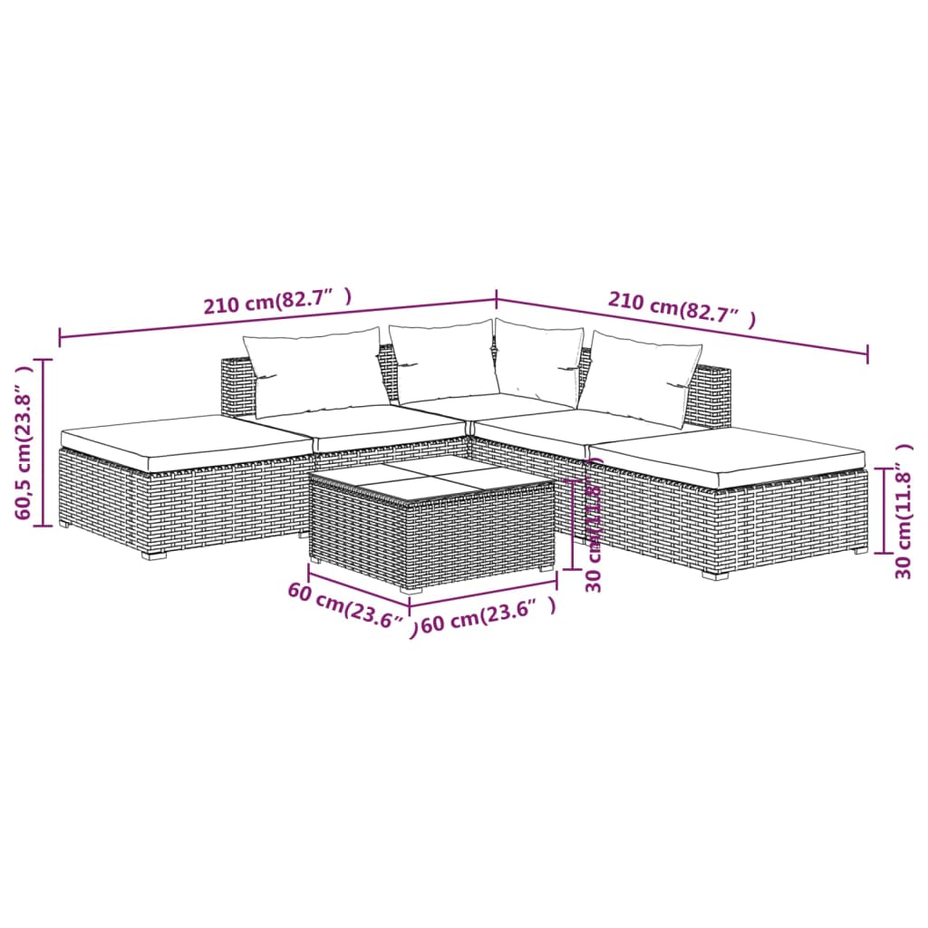 6-tlg. Garten-Lounge-Set mit Auflagen Poly Rattan Braun – Bild 7