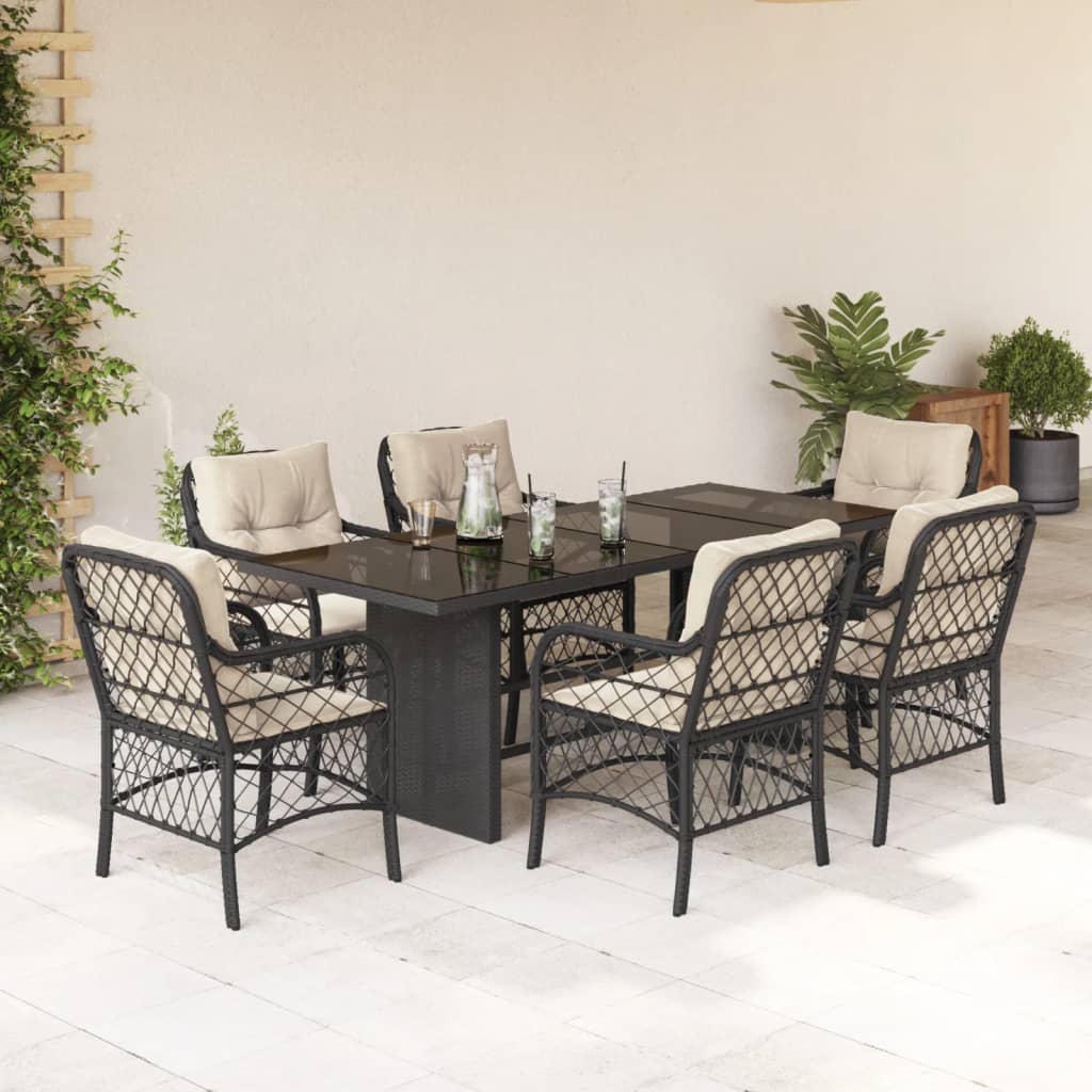 7-tlg. Garten-Essgruppe mit Kissen Schwarz Poly Rattan – Bild 2