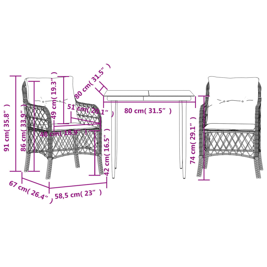 3-tlg. Bistro-Set mit Kissen Hellgrau Poly Rattan – Bild 8