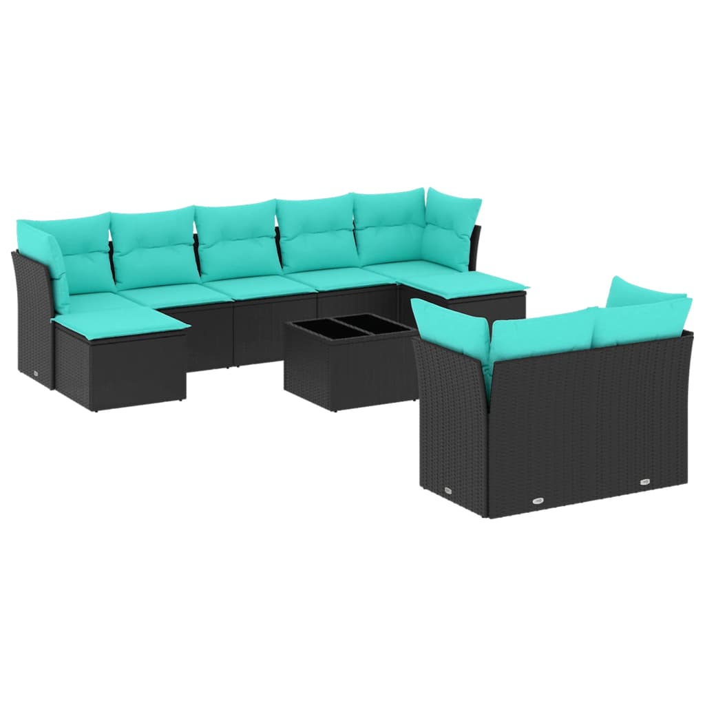 10-teiliges Gartensofa-Set mit Kissen, schwarzes Polyrattan – Bild 2