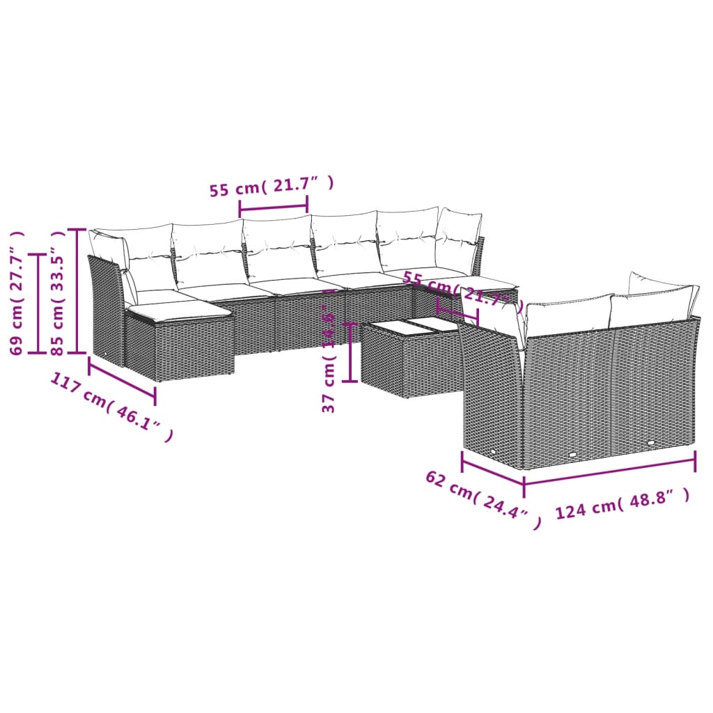 10-teiliges Gartensofa-Set mit Kissen, schwarzes Polyrattan – Bild 8