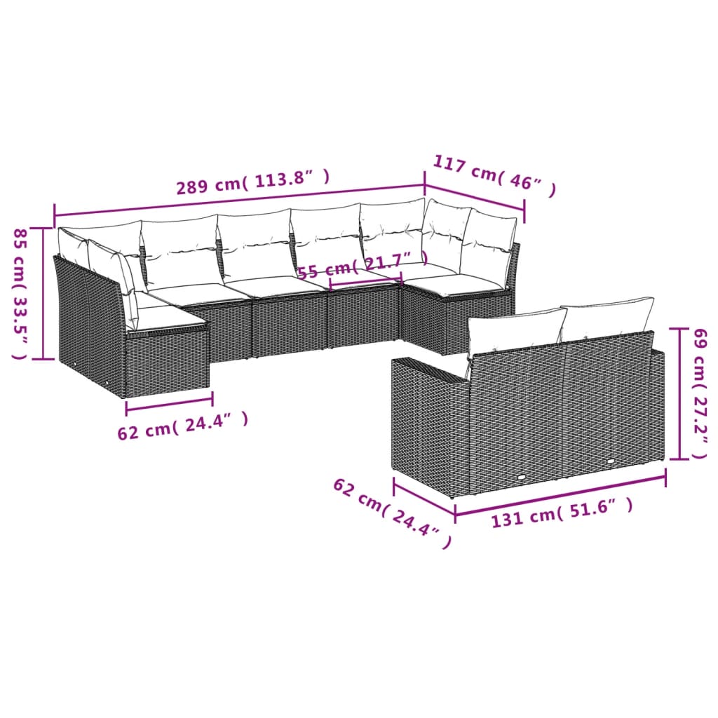 9-tlg. Garten-Sofagarnitur mit Kissen Schwarz Poly Rattan – Bild 7