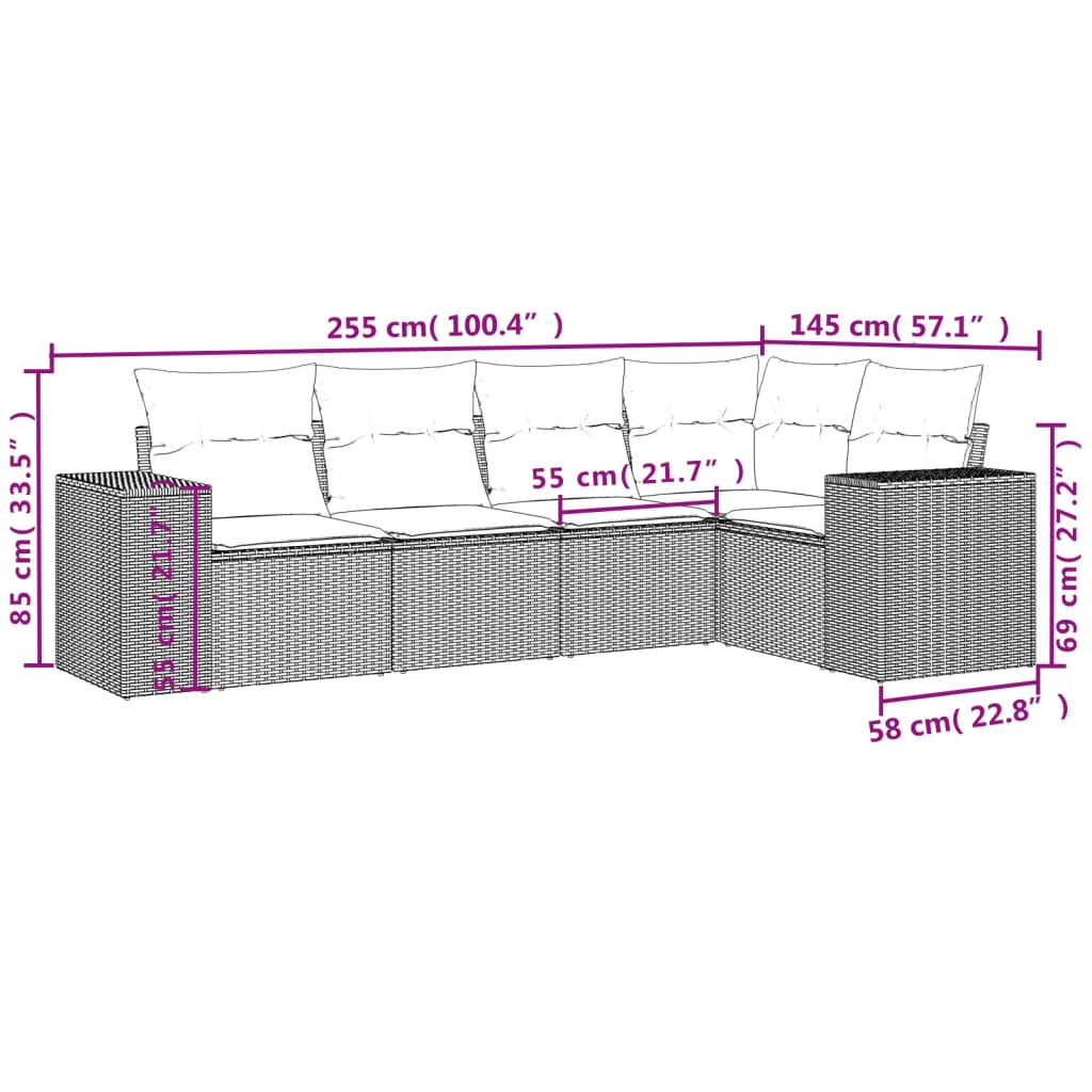 5-tlg. Garten-Sofagarnitur mit Kissen Schwarz Poly Rattan – Bild 4