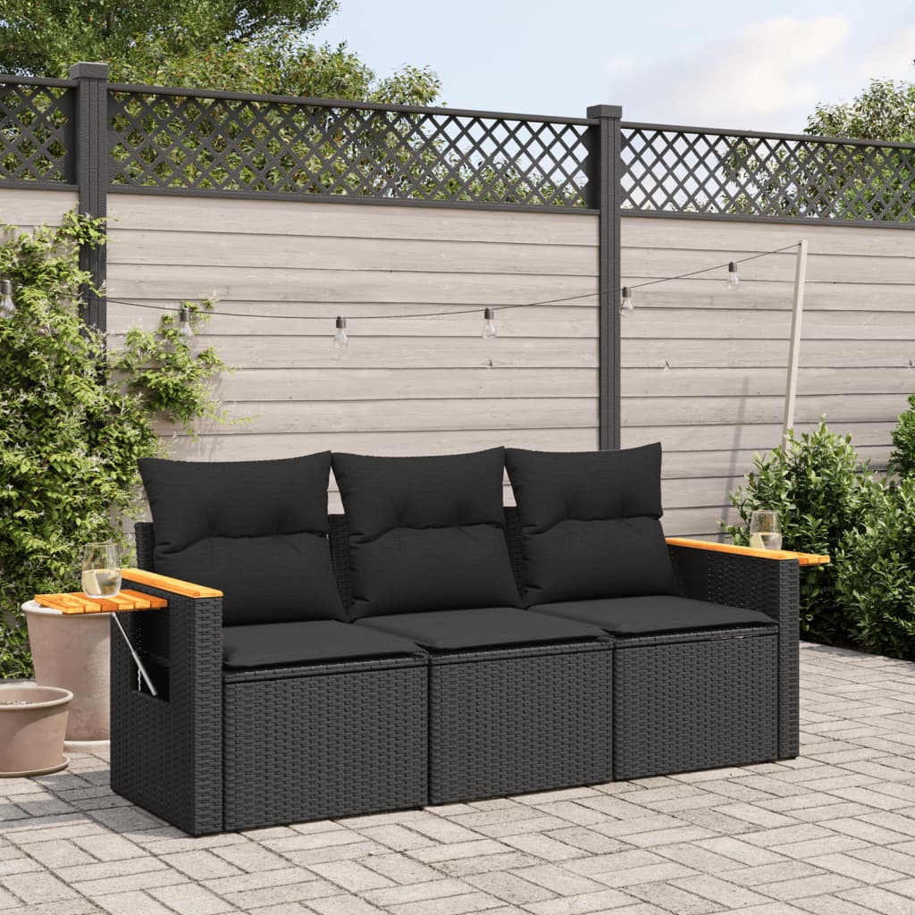 3-tlg. Garten-Sofagarnitur mit Kissen Schwarz Poly Rattan – Bild 2