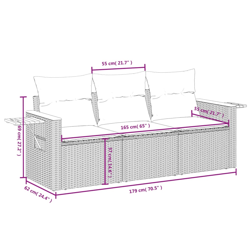 3-tlg. Garten-Sofagarnitur mit Kissen Schwarz Poly Rattan – Bild 4