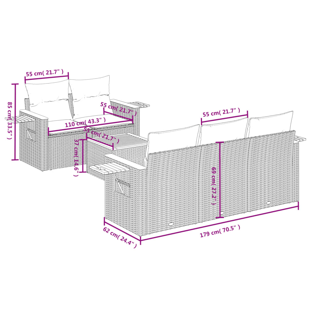 6-tlg. Garten-Sofagarnitur mit Kissen Schwarz Poly Rattan – Bild 4