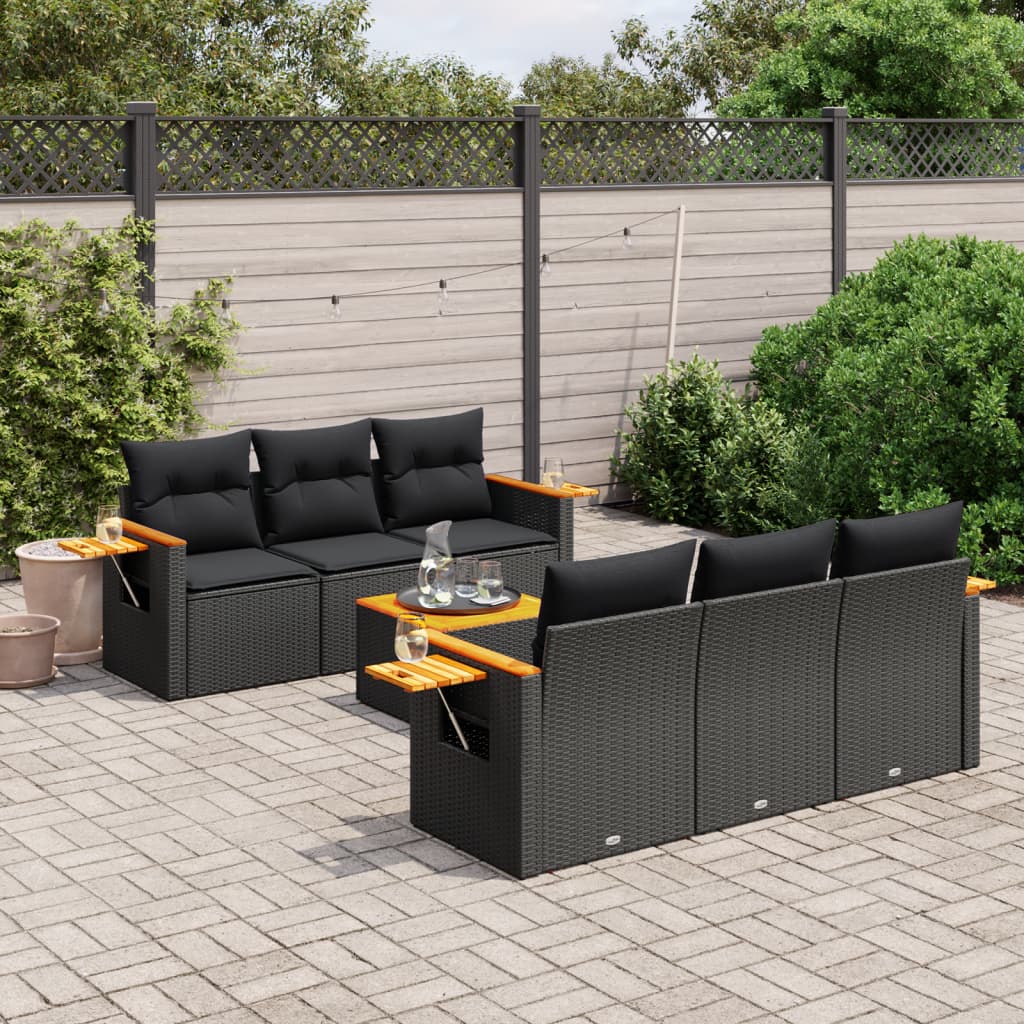 7-tlg. Garten-Sofagarnitur mit Kissen Schwarz Poly Rattan – Bild 2