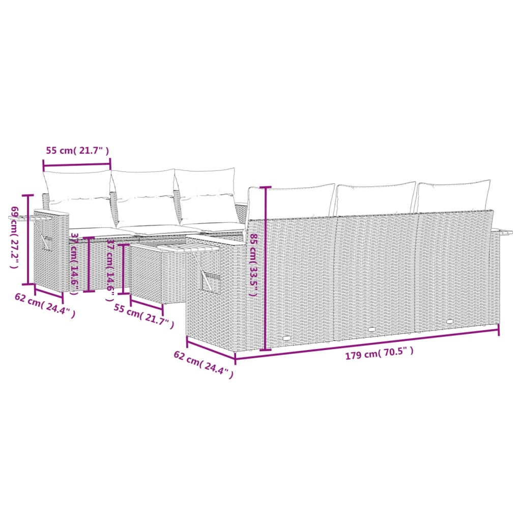 7-tlg. Garten-Sofagarnitur mit Kissen Schwarz Poly Rattan – Bild 4