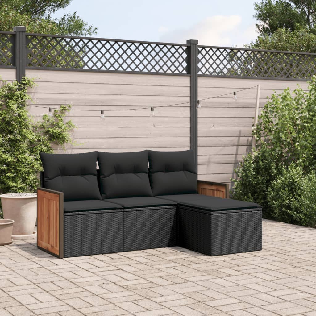 4-tlg. Garten-Sofagarnitur mit Kissen Schwarz Poly Rattan – Bild 2