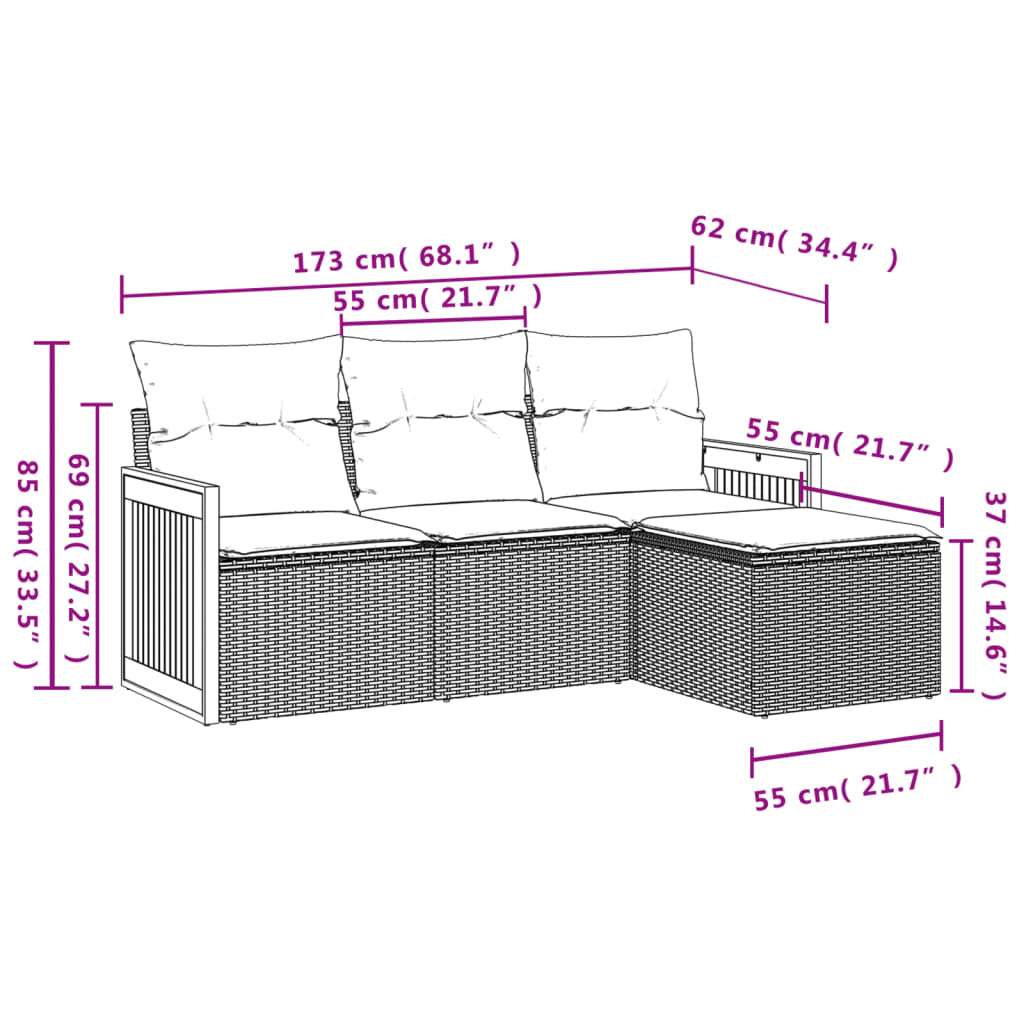 4-tlg. Garten-Sofagarnitur mit Kissen Schwarz Poly Rattan – Bild 4
