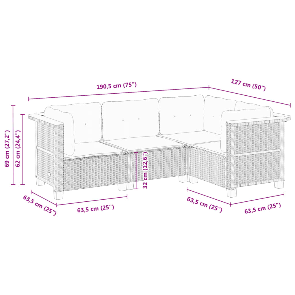 4-tlg. Garten-Sofagarnitur mit Kissen Schwarz Poly Rattan – Bild 6