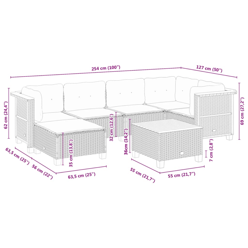 7-tlg. Garten-Sofagarnitur mit Kissen Schwarz Poly Rattan – Bild 9