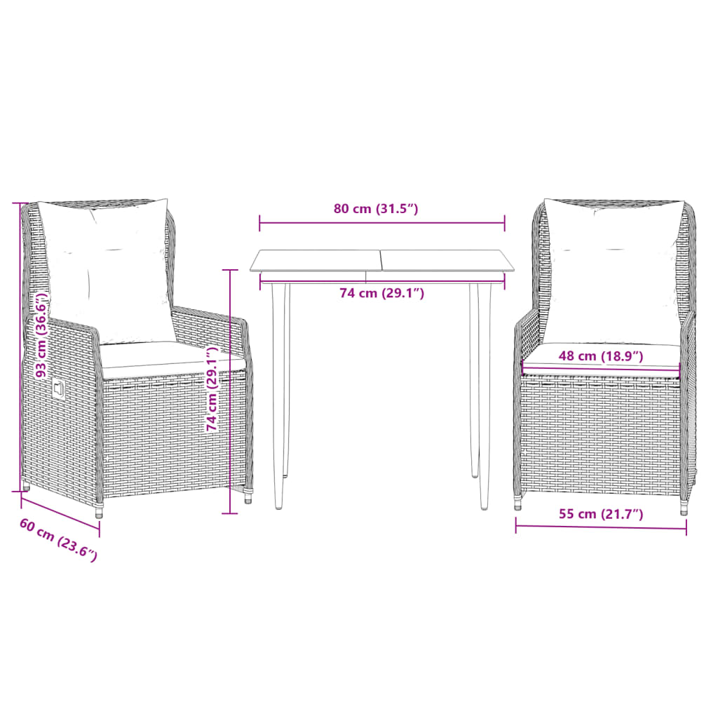3-tlg. Garten-Essgruppe mit Kissen Schwarz Poly Rattan – Bild 8