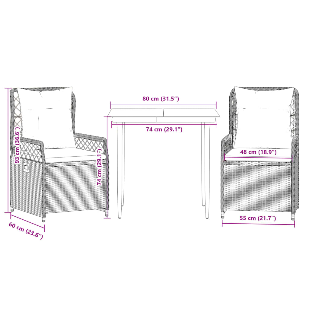 3-tlg. Garten-Essgruppe mit Kissen Schwarz Poly Rattan – Bild 8