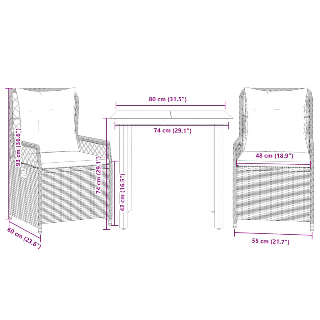 3-tlg. Garten-Essgruppe mit Kissen Schwarz Poly Rattan – Bild 8