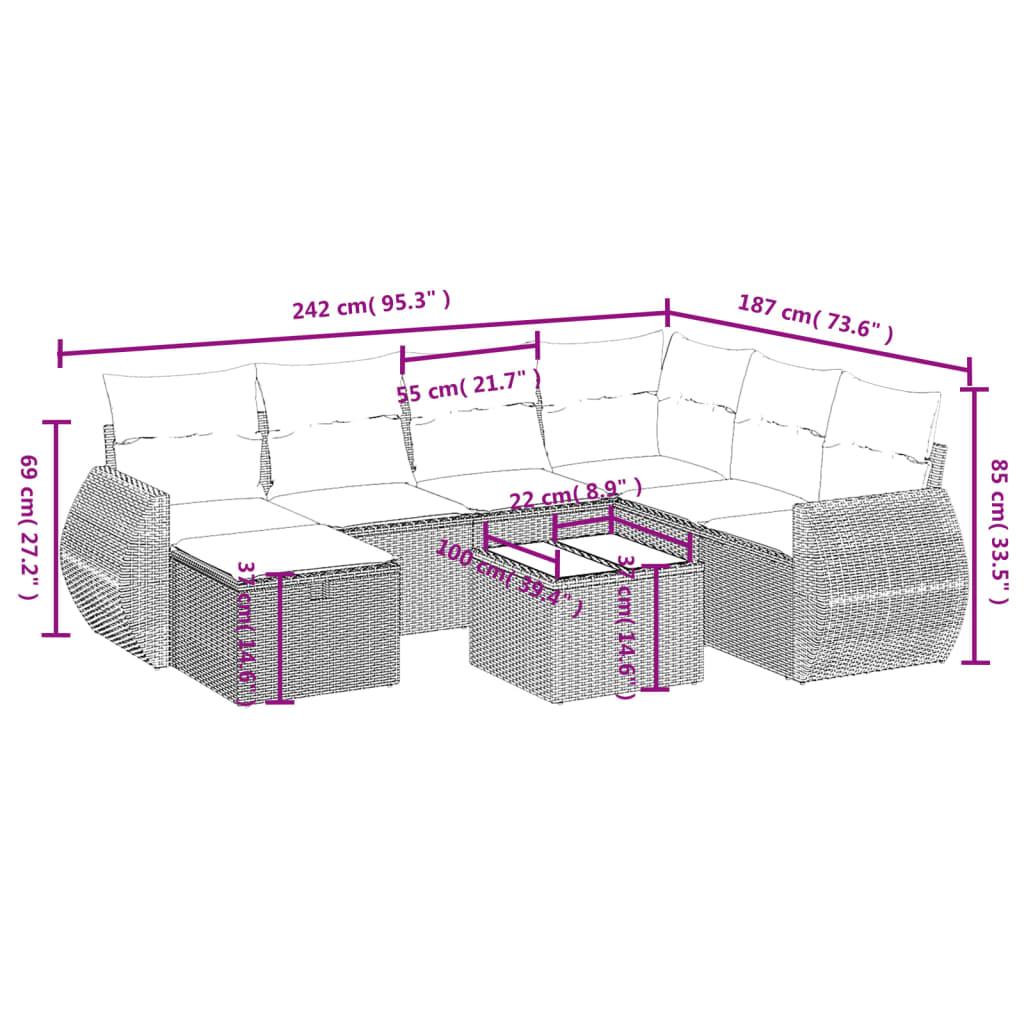 8-teiliges Gartensofa-Set mit Kissen, grau, Polyrattan – Bild 4