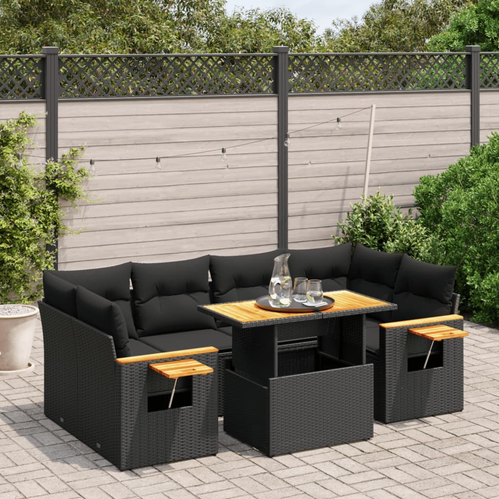 7-tlg. Garten-Sofagarnitur mit Kissen Schwarz Poly Rattan – Bild 2
