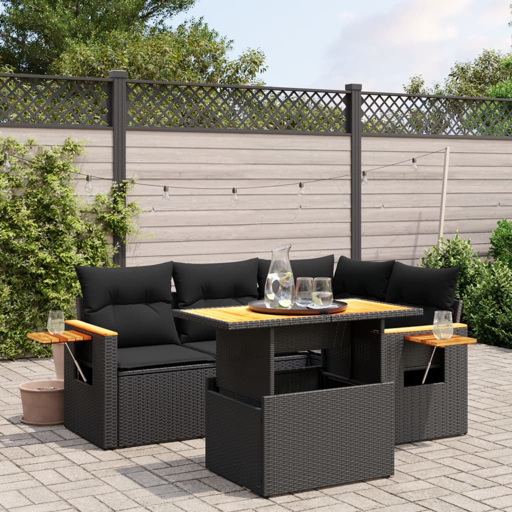 5-tlg. Garten-Sofagarnitur mit Kissen Schwarz Poly Rattan – Bild 2