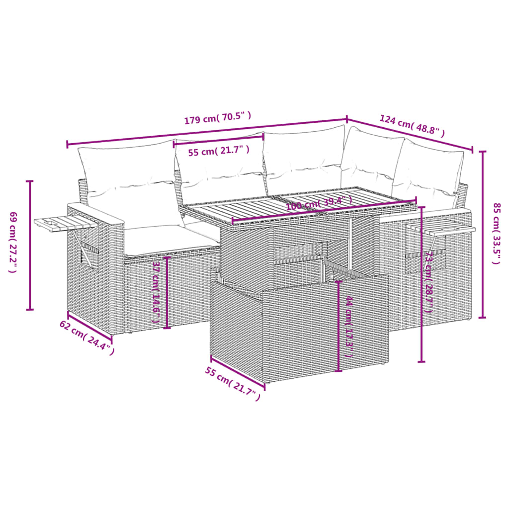 5-tlg. Garten-Sofagarnitur mit Kissen Schwarz Poly Rattan – Bild 4