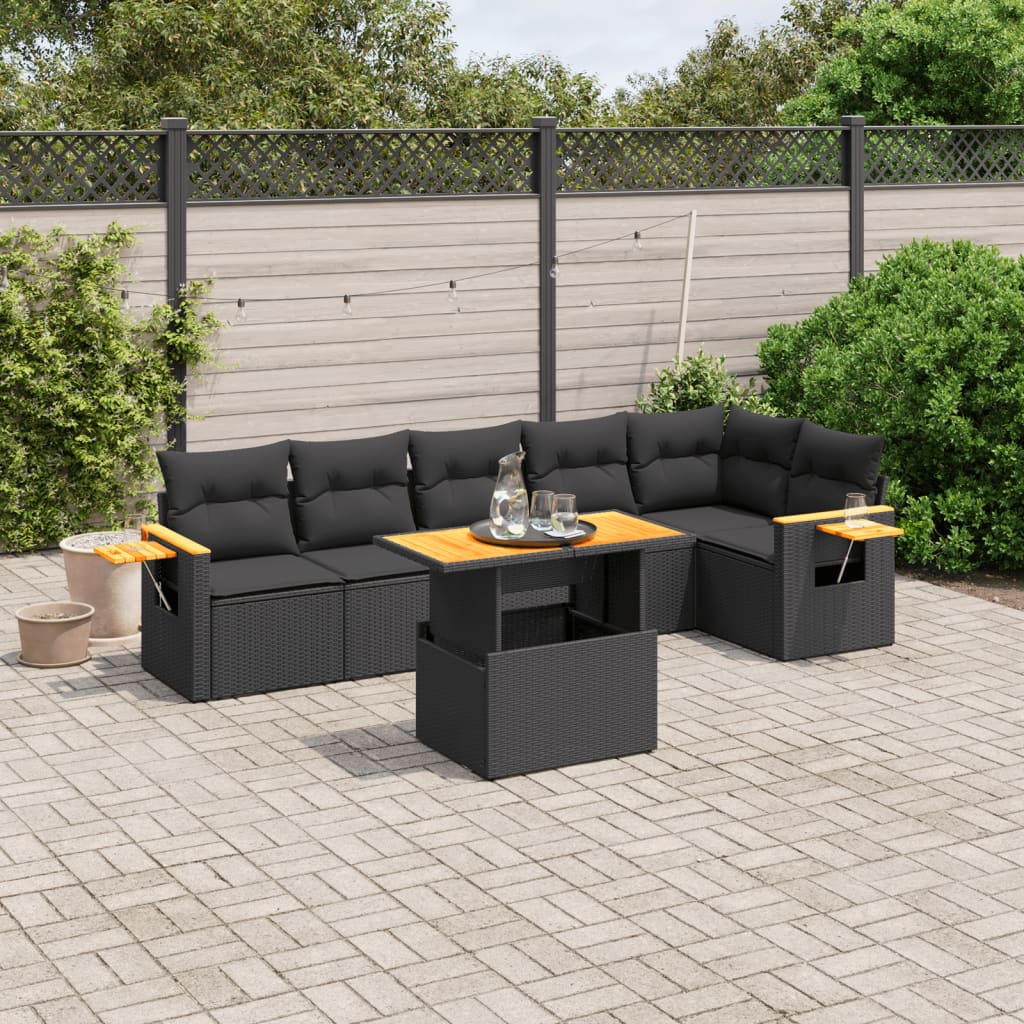 7-tlg. Garten-Sofagarnitur mit Kissen Schwarz Poly Rattan – Bild 2