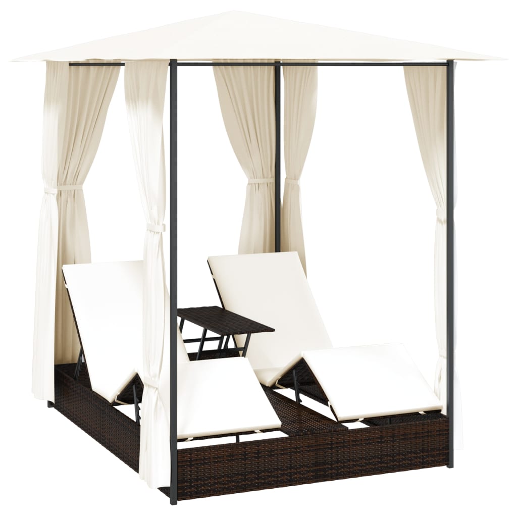 Doppel-Sonnenliege mit Vorhang Poly Rattan Braun – Bild 2