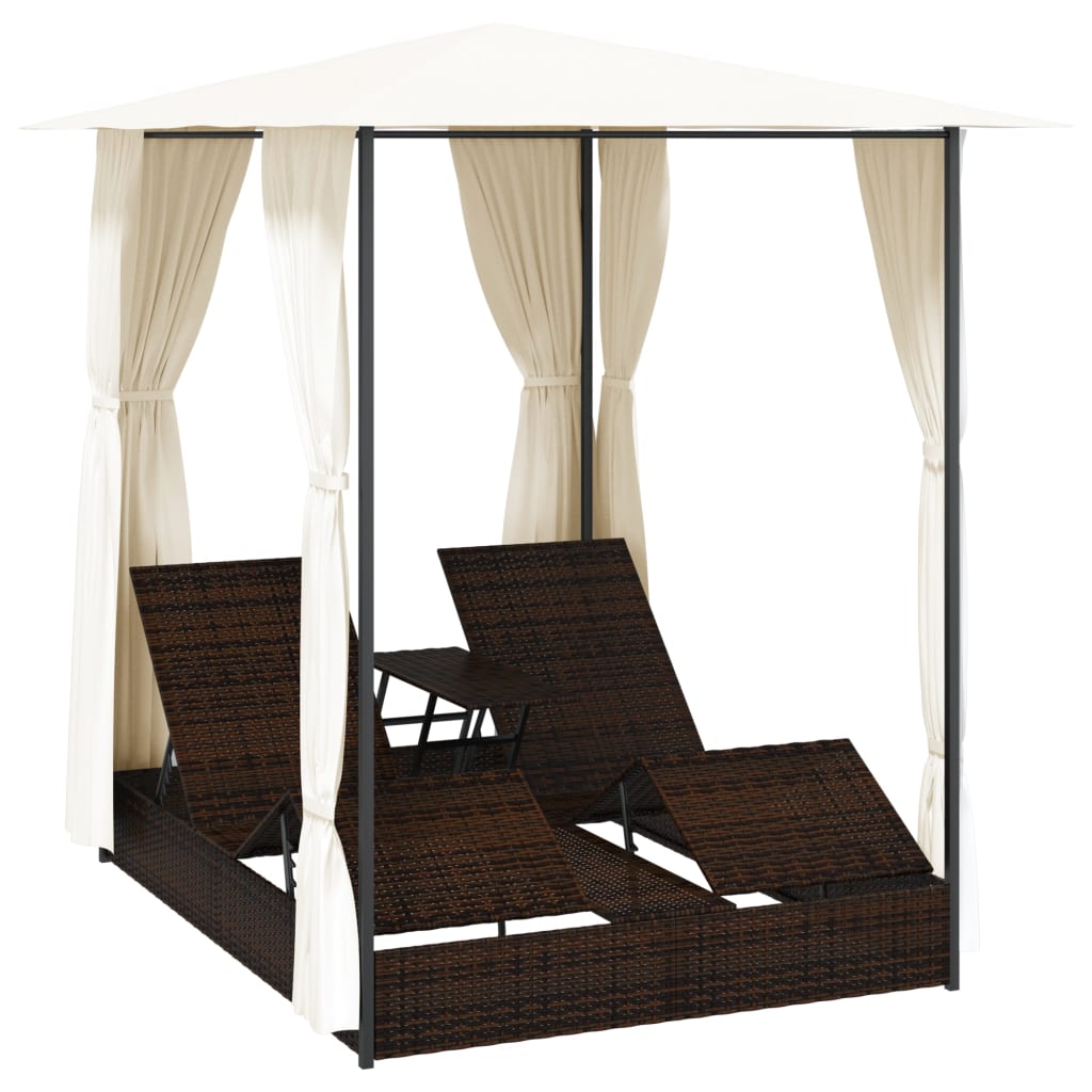 Doppel-Sonnenliege mit Vorhang Poly Rattan Braun – Bild 3