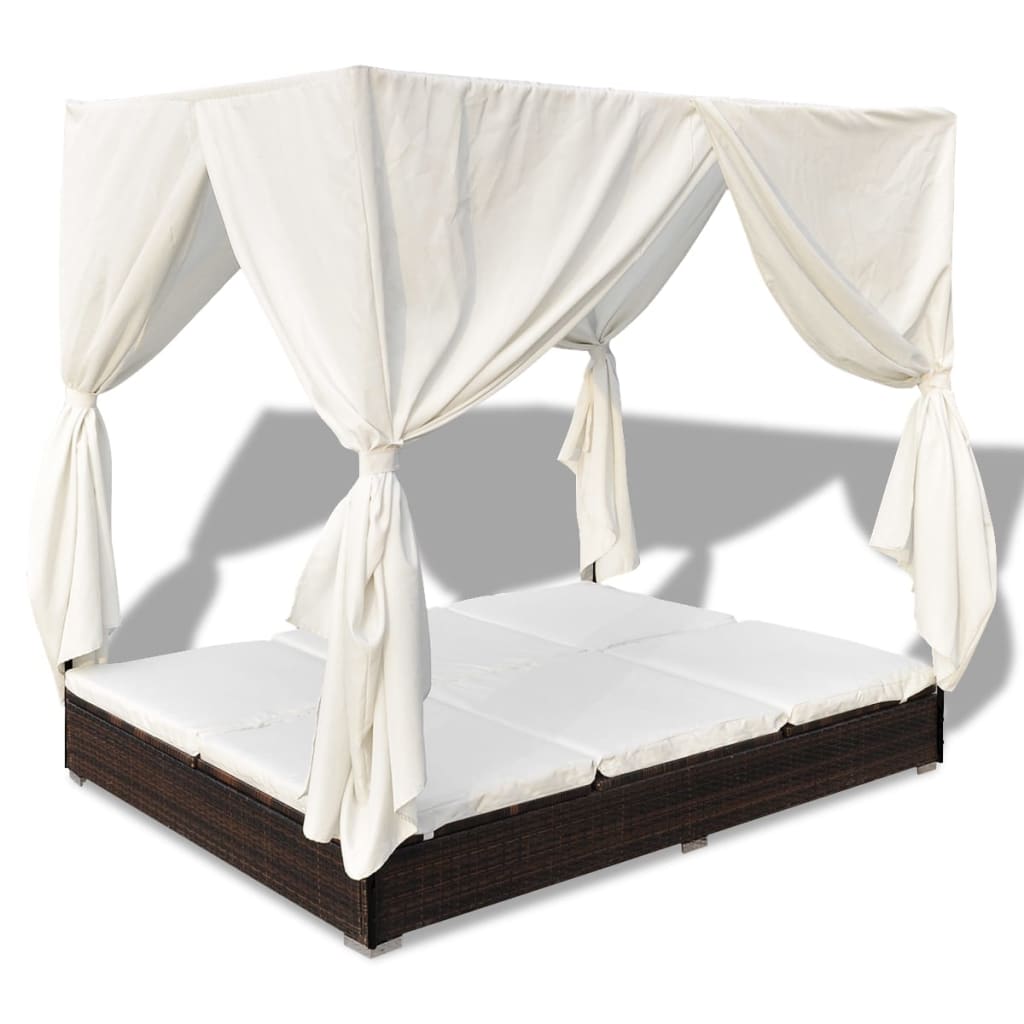 Outdoor-Loungebett mit Vorhang Poly Rattan Braun – Bild 2
